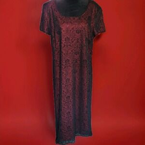 Vtg 90s Connected Mesh Ruched Overlay Red Maxi Dress Prom Dark Romantic Y2K 18